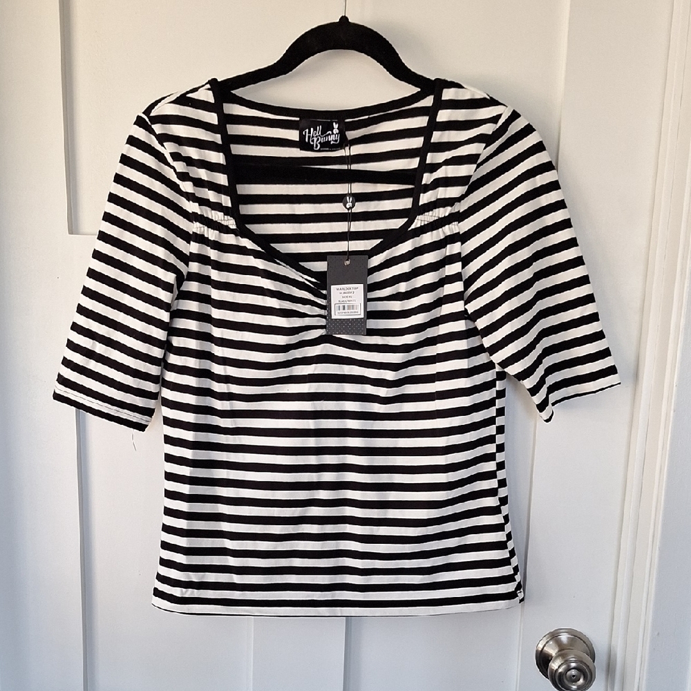 Hell Bunny Warlock Black and White Striped Women's Top XL